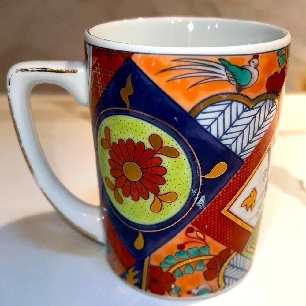 Neiman Marcus Imari Japan Tea Cup Mug Vintage Asian Decor Floral and Geometric